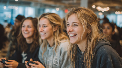 Obraz premium Laughter and joy shared among friends during gaming night at a cozy cafe