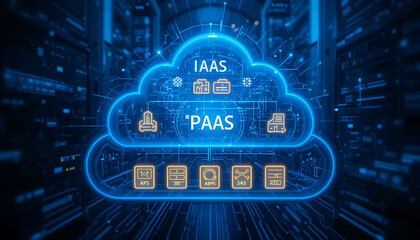 Cloud AI Architecture Depiction Featuring SaaS, PaaS, and IaaS Service Models with Integrated Machine Learning Configuration, Scalable Infrastructure, Data Processing, and Intelligent Cloud Computing 