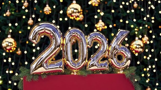 Inflated Spherical Objects Marking the Year 2026 on Crimson Presentation Stand