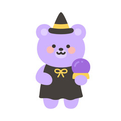 Cute Purple Bear Witch Holding Crystal Ball on White Background
