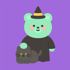 Cute Green Bear Witch with Black Cat on Purple Background