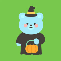 Blue Bear Witch Holding Pumpkin Basket