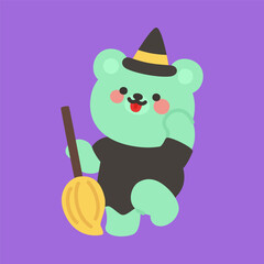 Cute Green Bear Witch Standing with One Leg Raised, Holding a Broomstick