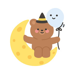 Brown Bear Witch Sitting on Moon with Ghost Balloon