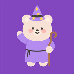 White Halloween Bear in Purple Wizard Costume with Staff