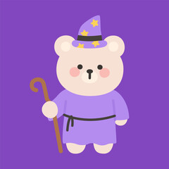 Cute White Halloween Bear in Purple Wizard Outfit Holding Cane