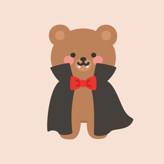 Cute Brown Halloween Bear in Vampire Costume with Cape and Red Bow