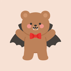 Cute Brown Halloween Bear Vampire with Open Cape and Fangs