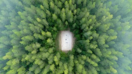 Aerial view of serene forest surrounding mysterious white struct