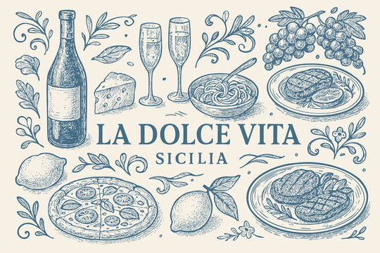 La Dolce Vita. Sicilia. Hand-drawn drawings of food and wine or champagne, suitable for wedding invitations, cafe or restaurant menus, and parties. Simple minimalistic ink doodle monochrome style in v - Powered by Adobe
