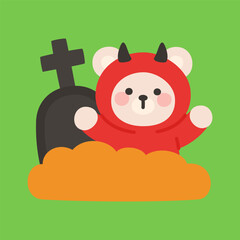 Bear in Red Devil Costume with Graveyard Background