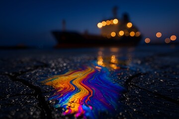 Iridescent Oil Slick on Harbor Pavement at Twilight with Ship Bokeh