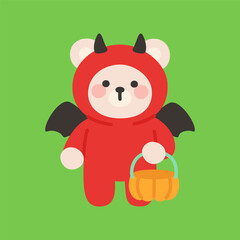 Cute Bear in Red Devil Costume Holding Pumpkin Bucket
