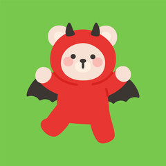 Dancing Bear in Red Devil Costume on Green Background