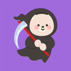 Cute Bear in Grim Reaper Costume with Scythe on Purple Background