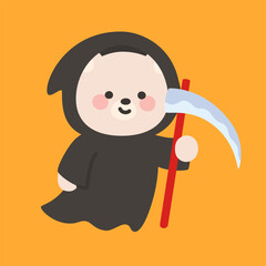 Bear in Grim Reaper Costume Holding Scythe on Orange Background