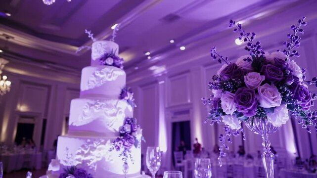 Beautifully Lit Reception Decorations with Purple Lighting for Event
