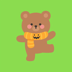 Happy Brown Bear Wearing Pumpkin Scarf Halloween