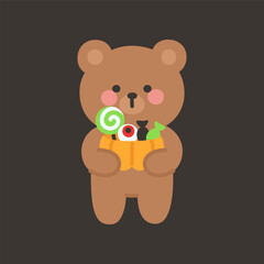 Brown Bear Holding Pumpkin Candy Bucket with Lollipop Halloween