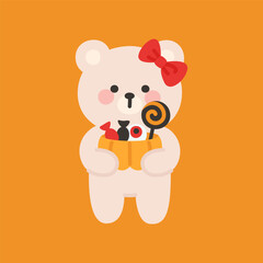 White Bear with Red Bow Holding Pumpkin Candy Bucket Halloween