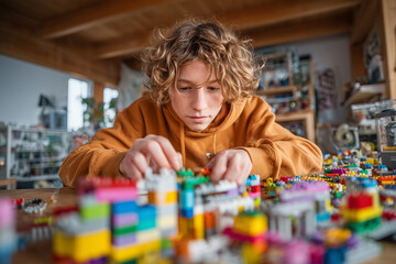 Young man passionately assembling colorful blocks in a creative workspace