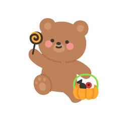 Happy Brown Bear Sitting with Pumpkin Basket Full of Halloween Candies