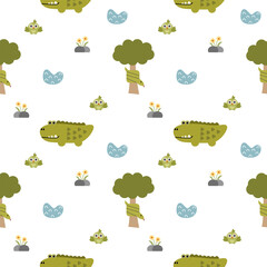 Naklejka premium Snake on tree cartoon so cute. On crocodile swamp flower bird white background. Pattern seamless vector illustration. 