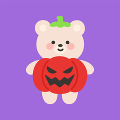Adorable White Bear in Pumpkin Costume with Jack O Lantern Face on Purple Background