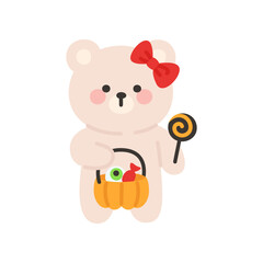 Cute Bear with Red Bow Holding Candy Bucket and Lollipop Halloween Isolated on White Background