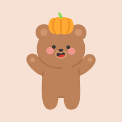 Cute Brown Bear with Pumpkin Hat Halloween Isolated on Beige Background