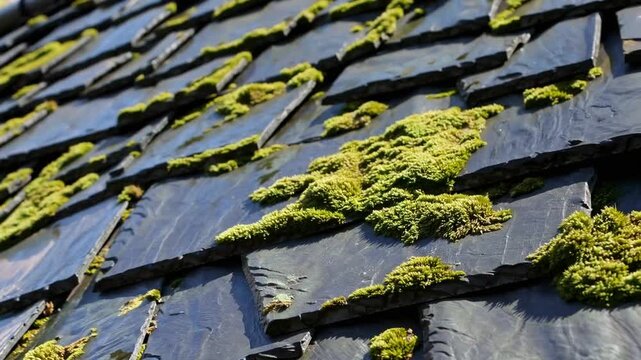 Slate roofing material overgrown with verdant bryophyte in tightly framed view