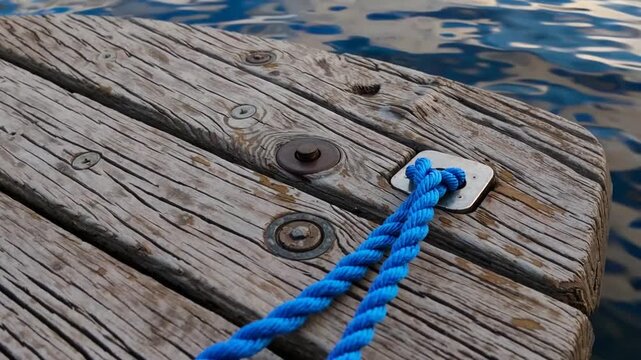 Beautifully worn dock with blue rope securely tied to metal loop weathered wooden dock displays blue rope anchored to metal loop. lifestyle