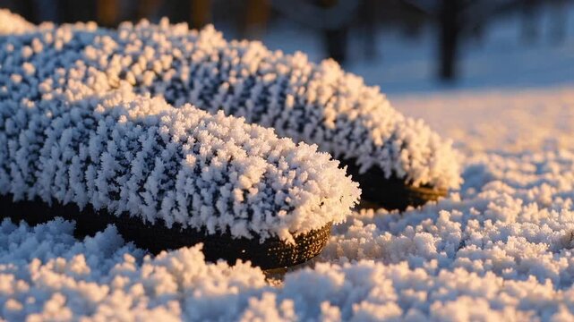 glove covered in frost formation on chilly winter dawn