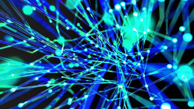 Non-representational numeral azure light-guide strand backdrop, Linked lines limited depth of field. Close-up view of three-dimensional ry.The notions of commerce, monetary affairs, recreation, world