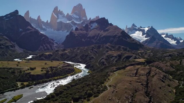 Bird's Eye Vista of Prominent Peak and Meandering River in Southern Continental Region
