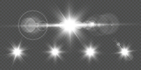 Vector lens flare light effects set. Isolated glowing star bursts, shiny flash and transparent light rays with sparkle glare. Realistic sun flare illumination for backgrounds, design, abstract effects © Felicety