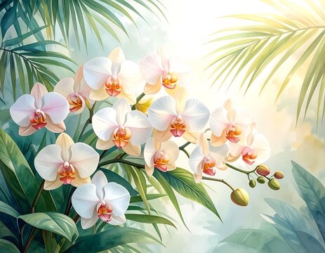 Soft light illuminates a cluster of delicate white and peach orchids nestled amongst lush green tropical foliage