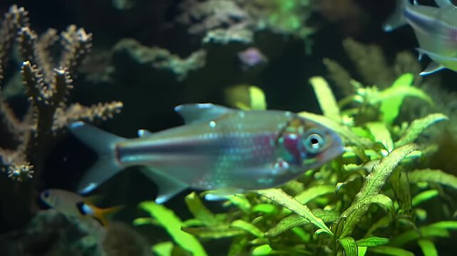 Zebra Danio Gliding Calmly Among Aquatic Plants and Coral in Clear Aquarium