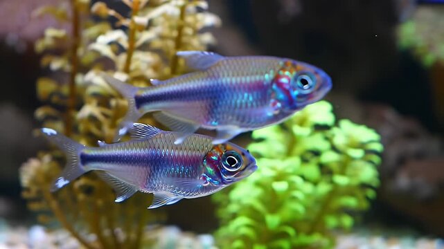 Zebra Danio Swimming Calmly Among Plants and Coral with Vibrant Fins and Scales
