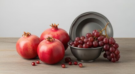 Fresh pomegranates and red grapes on wooden surface with gray bowl