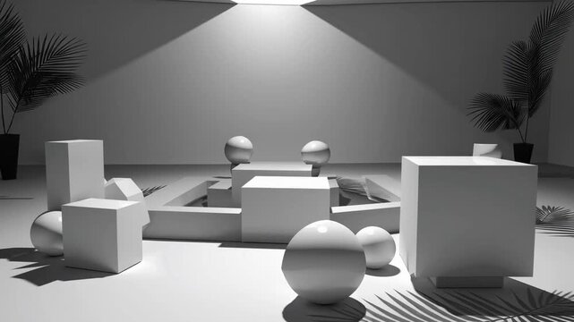 Three-dimensional generated environment containing mathematical forms and raised platform for merchandise demonstration