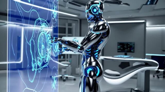 Three-Dimensional Rendered Visualization of Medical Artificial Intelligence Robot Operating in Futuristic Hospital Setting Showcasing Advanced Prosthetic Healthcare for Patients and Biomedical Techno