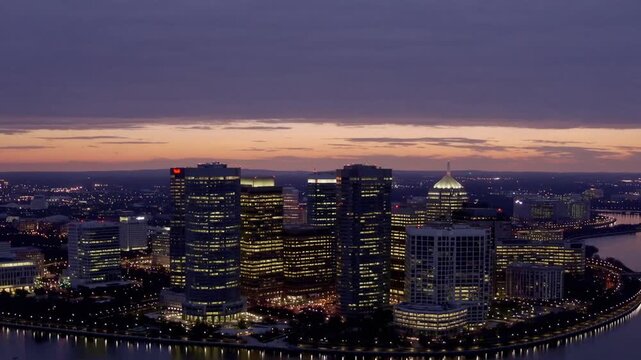Office High Rise Buildings at Twilight Captured from Aerial Perspective