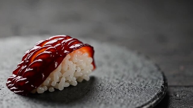 piece of sushi comprising mollusk atop compacted rice mound presented on rock slab
