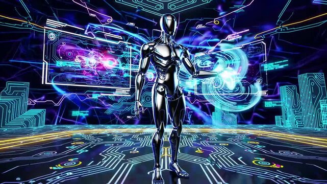 Artificial Intelligence Humanoid Robot in Metaverse Cyberspace Digital World Background