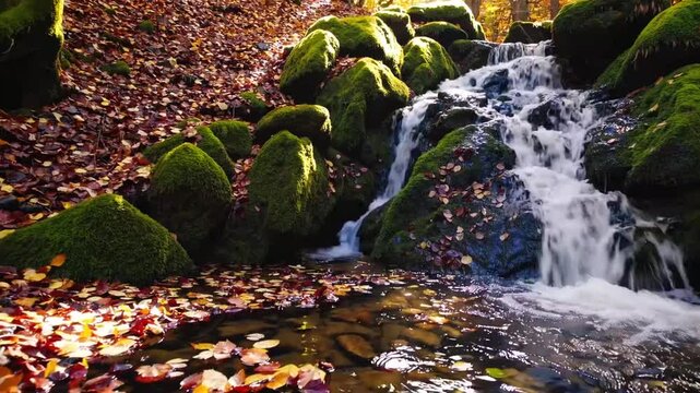 seasonal cascade of water concealed within wooded area, offering peaceful atmosphere where the gentle noises of falling water merge with the calm of the natural world