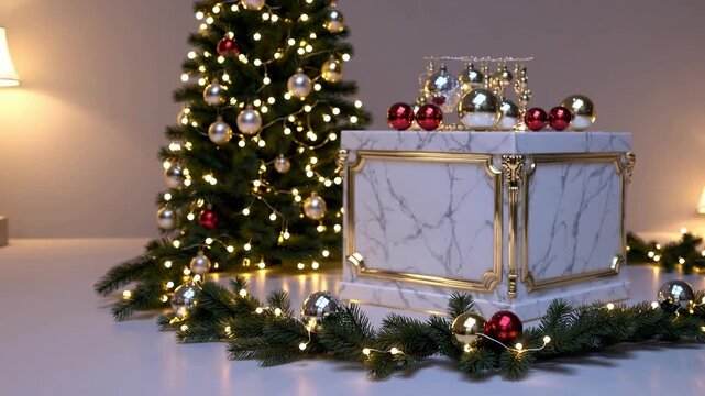 High-End Joyous Christmas Merchandise Presentation Platform with Conifer and Embellishment 3D Illustration