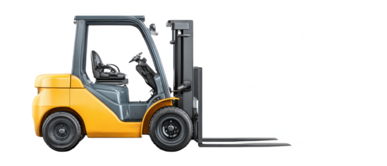 A yellow forklift with a black frame, designed for material handling, showcasing its operational features and robust structure.