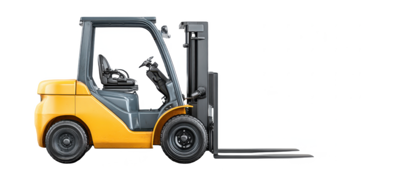 A yellow forklift with a black frame, designed for material handling, showcasing its operational features and robust structure.