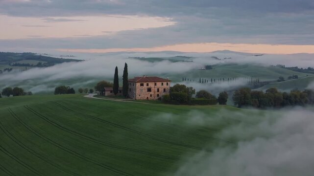 Foggy Morning Landscape of Agricultural Land and Verdant Fields in European Rural Region